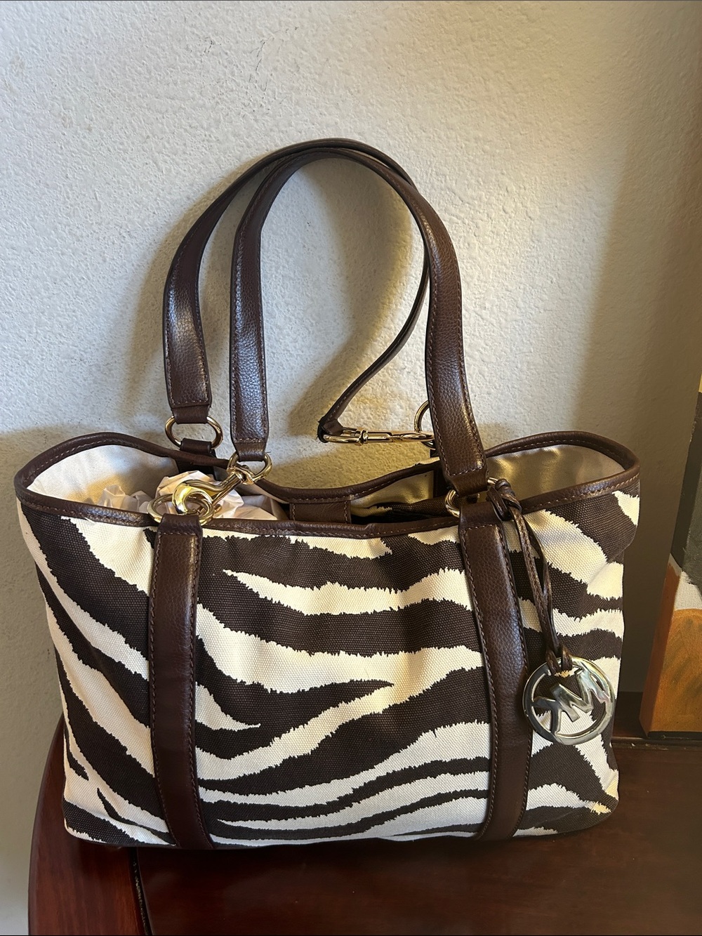 Michael Kors Brown and Cream Zebra-Print Tote